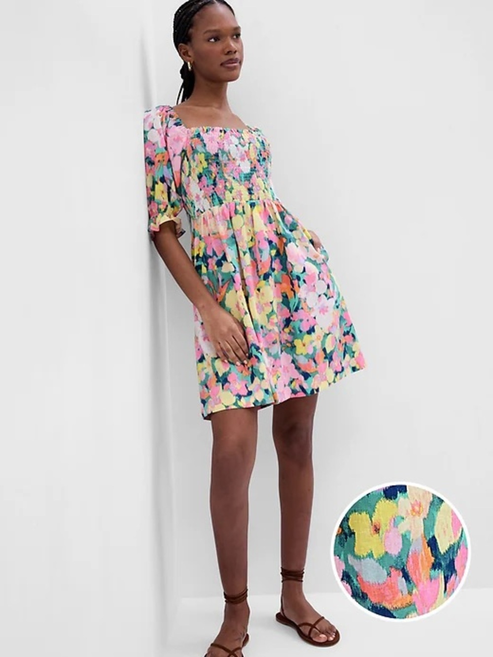 Gap Puff Sleeve Linen-Blend Floral Mini Dress size XS
